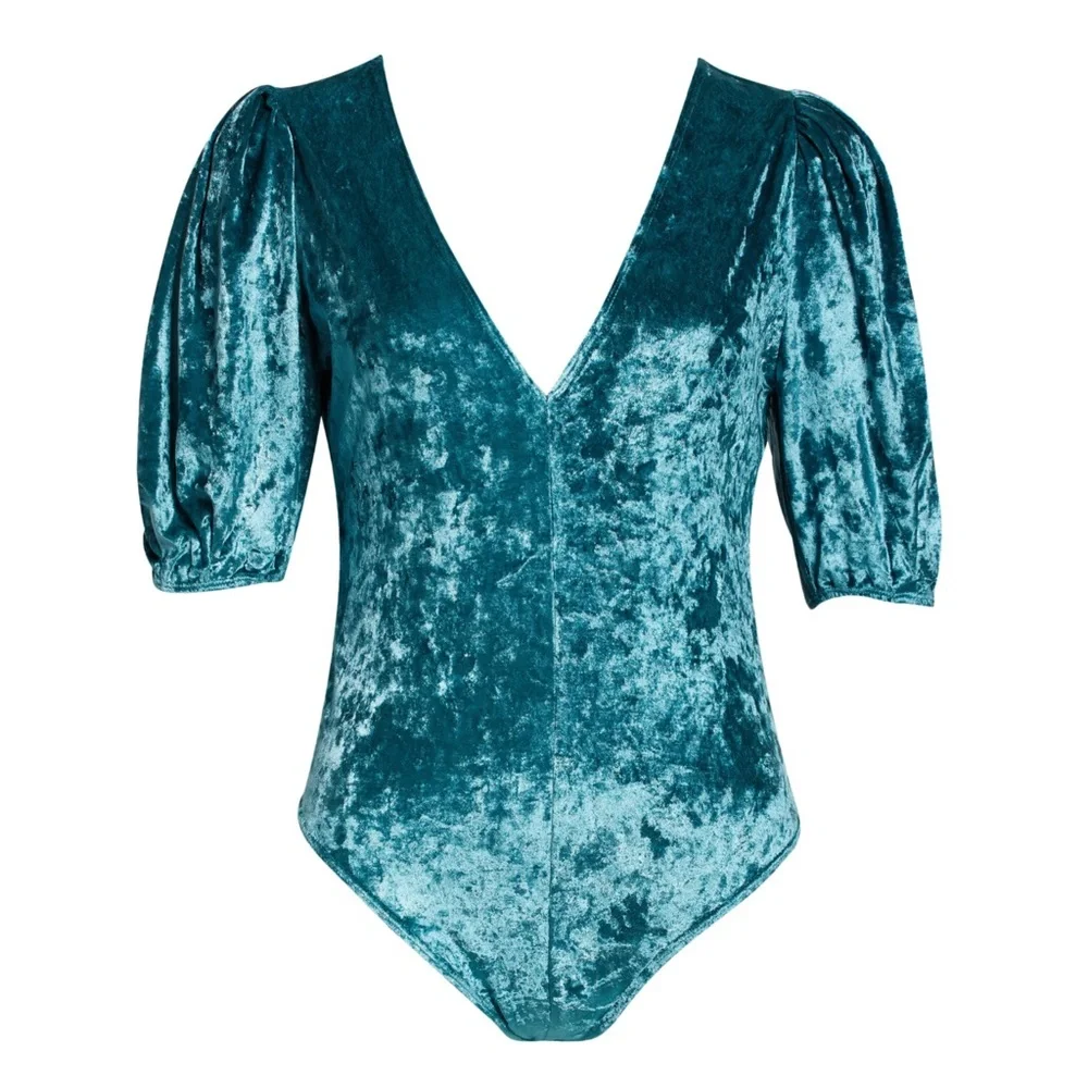 Free People Top Free People Don't You Wish Velvet Bodysuit S Deep Teal - Picture 7 of 14